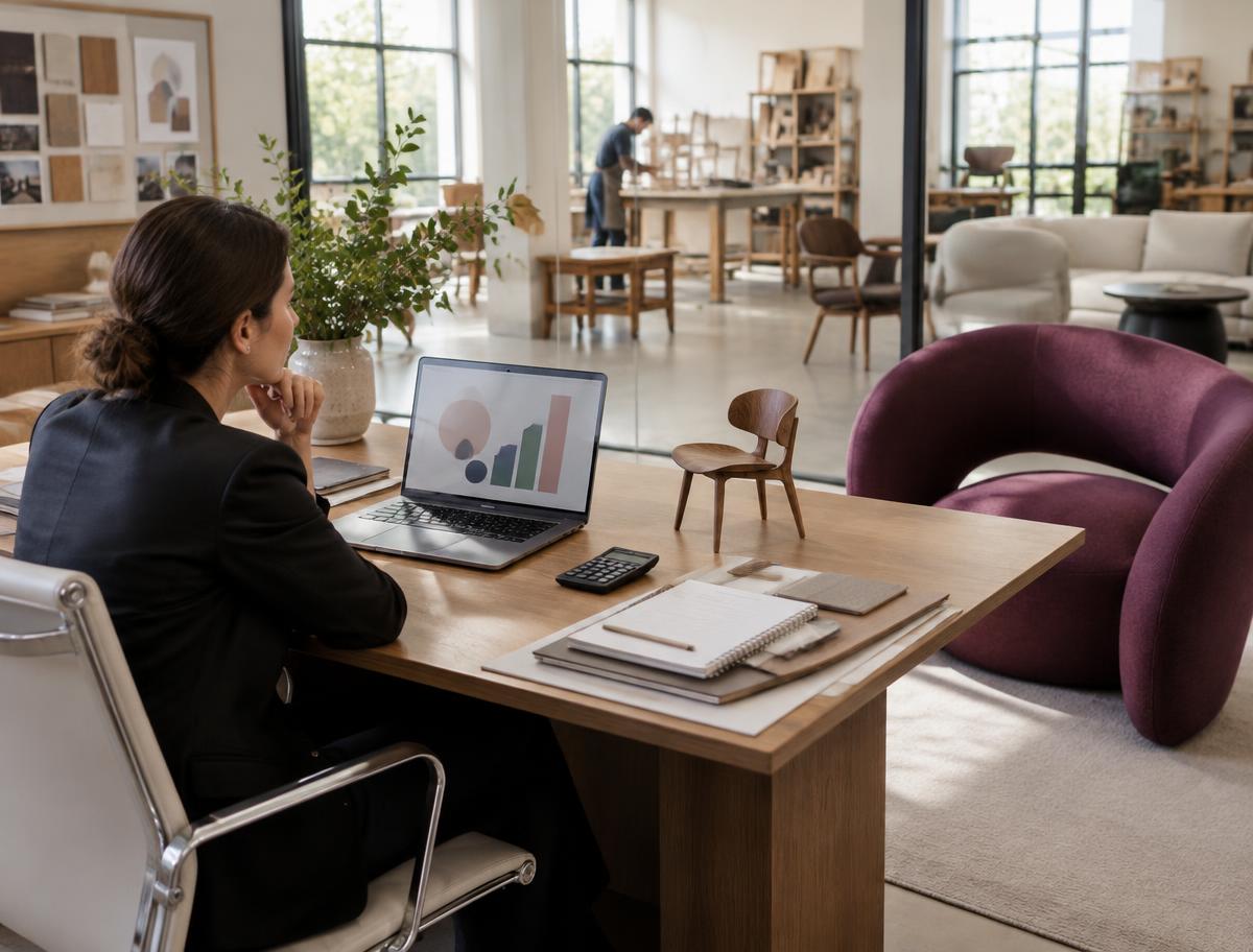 Furniture business owner reviewing charts at a desk overlooking a furniture workshop