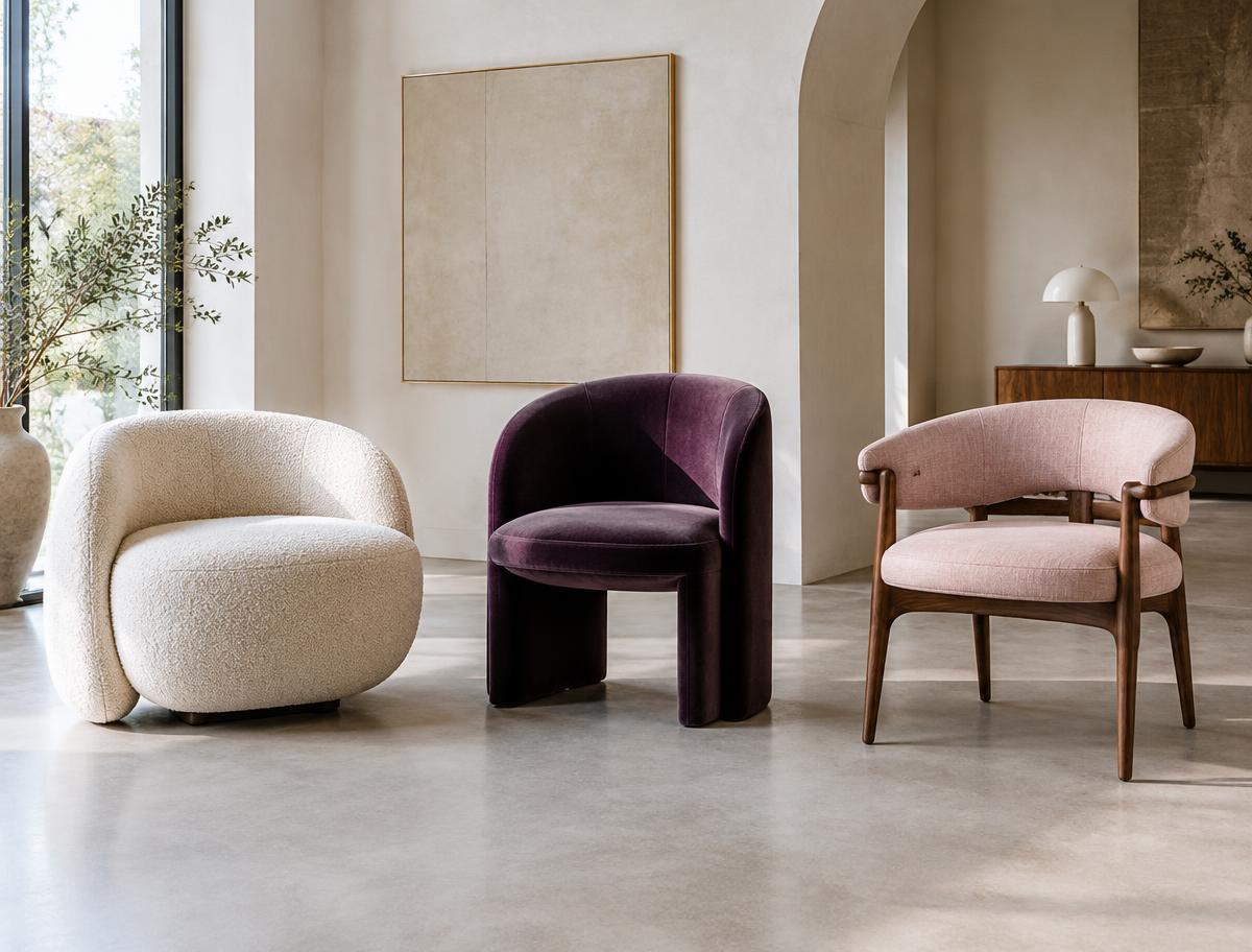 Three sculptural armchairs in ivory, deep plum and blush displayed as a curated furniture collection