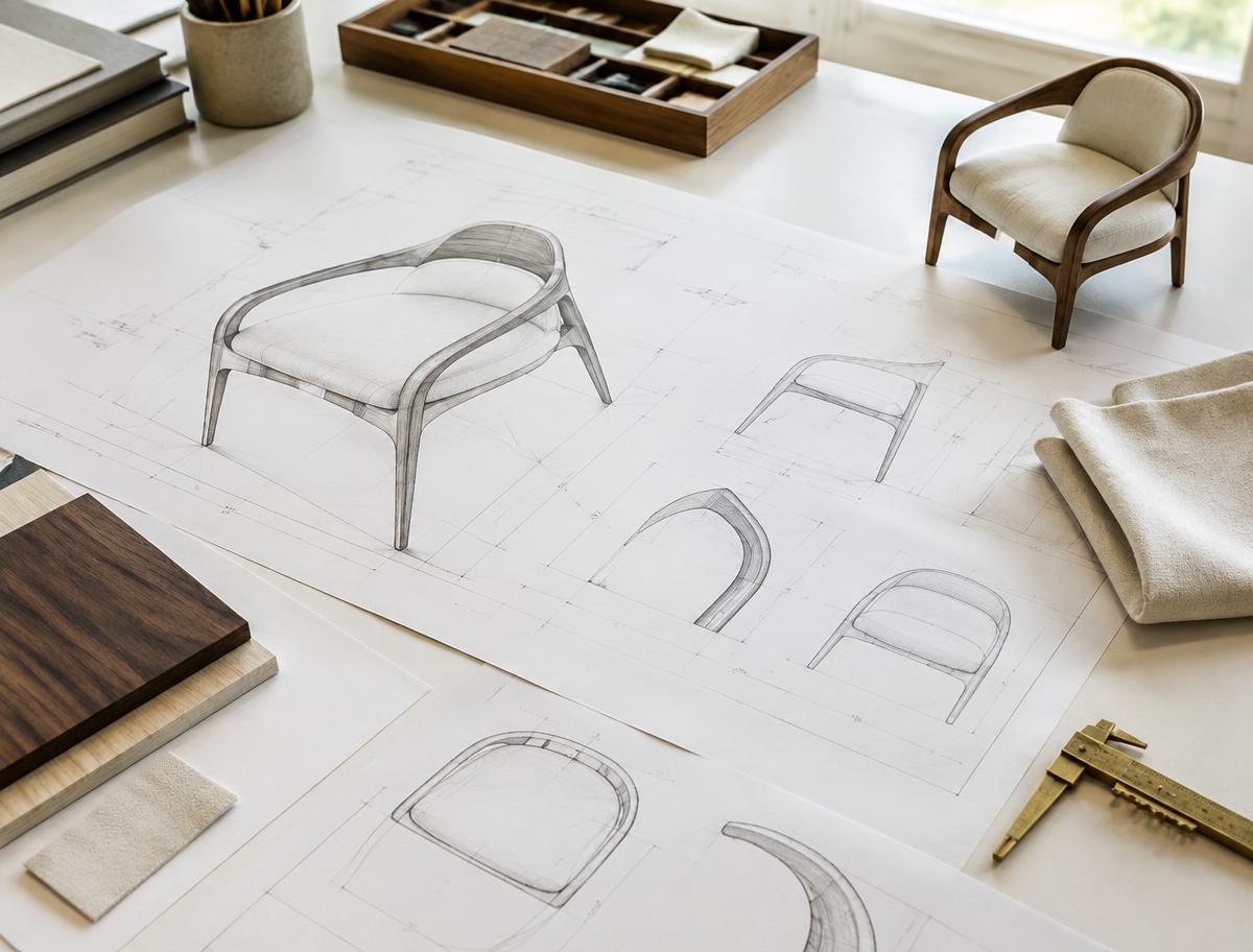 Armchair specification drawings with a small chair prototype, upholstery fabric and brass measuring tool