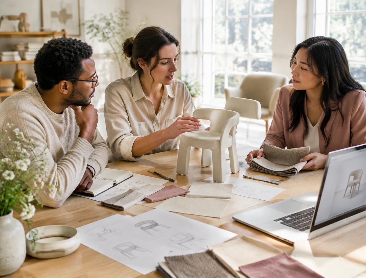 Designers discussing a furniture prototype and fabric choices around a studio table