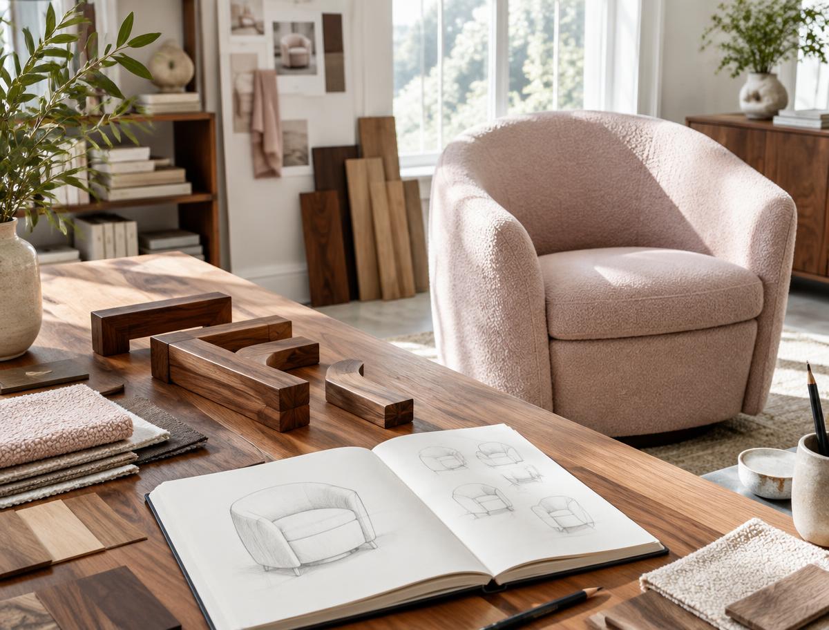 Blush armchair, furniture sketches and material samples in a sunlit design studio