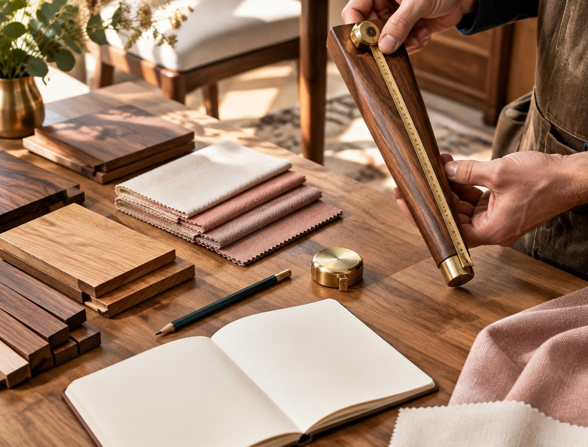 Walnut samples and upholstery swatches beside a furniture maker measuring a wood component