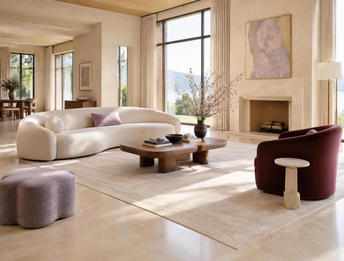 Elegant living room with a sculptural sofa, plum chair and generous clearance around a walnut table