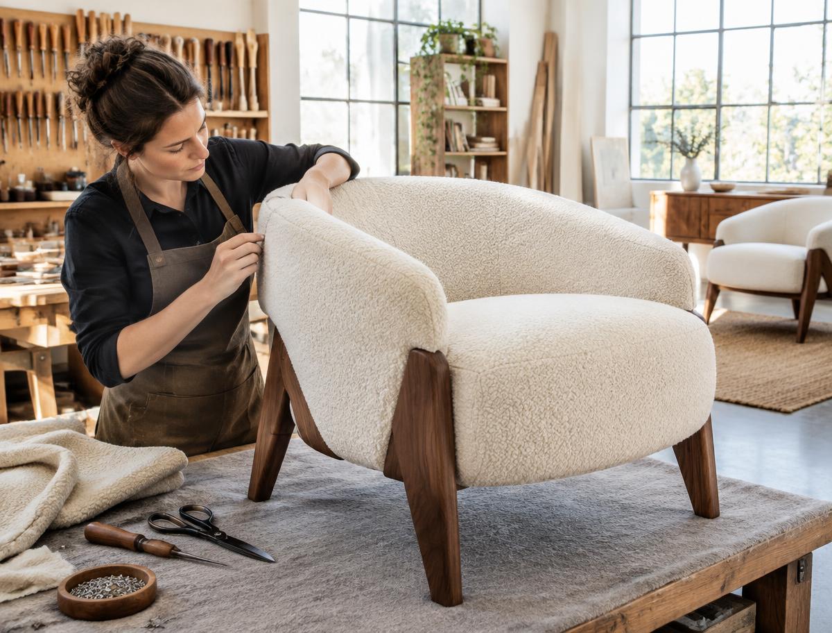 Craftsperson upholstering an ivory armchair with walnut legs in a bright furniture workshop